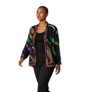 Brijo Vintage Abstract Brushstroke Damask Check Blouse Black Multi Color Small
